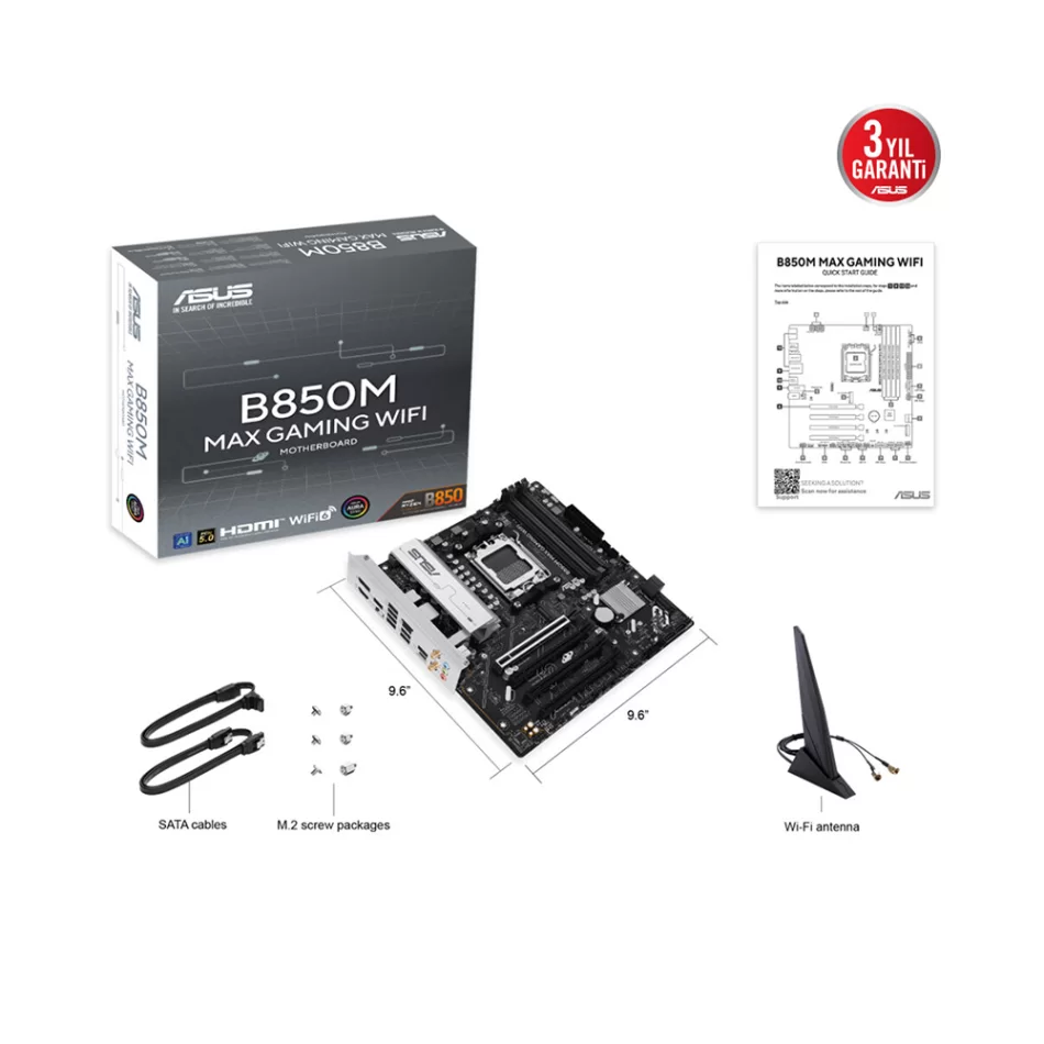 ASUS B850M MAX GAMING WIFI 8000MHz(OC) DDR5 AMD Soket AM5 ATX Anakart