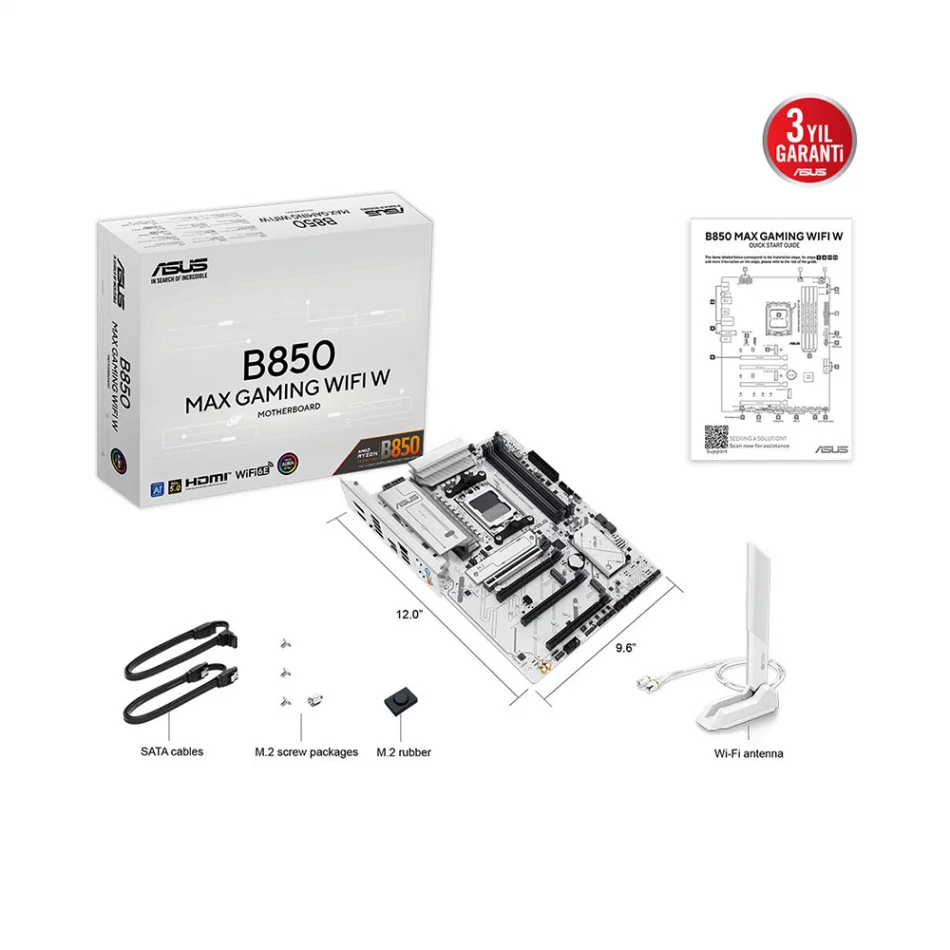 ASUS B850M MAX GAMING WIFI W 8000MHz(OC) DDR5 AMD Soket AM5 ATX Beyaz Anakart