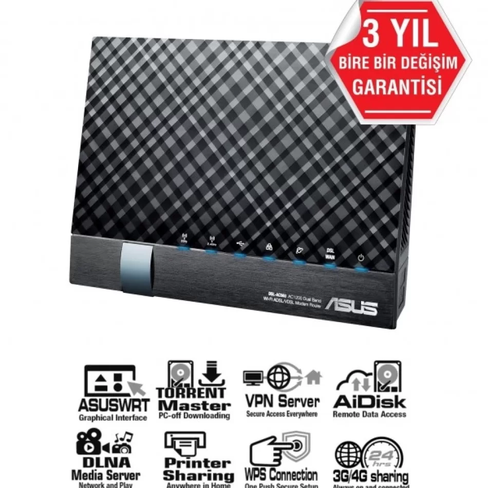 ASUS DSL-AC56U DualBand-Torrent-Bulut-DLNA-4G-VPN-ADSL-VDSL-FiBER-Modem Router