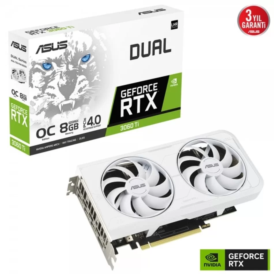 ASUS Dual GeForce RTX 3060 Ti OC 8 GB GDDR6X 256Bit DX12 NVIDIA DLSS Beyaz Ekran Kartı