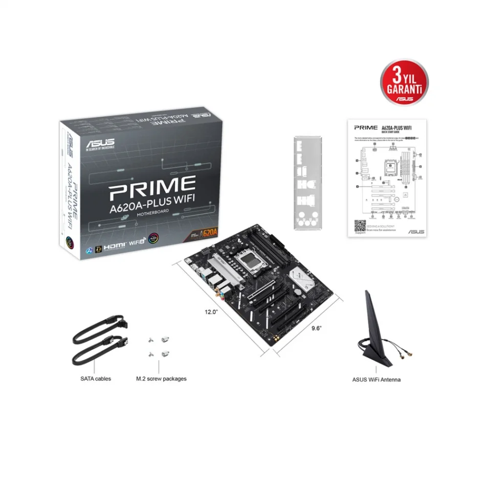ASUS Prime A620A-PLUS-WIFI DDR5 7600MHz(OC) AMD Soket AM5 ATX Anakart
