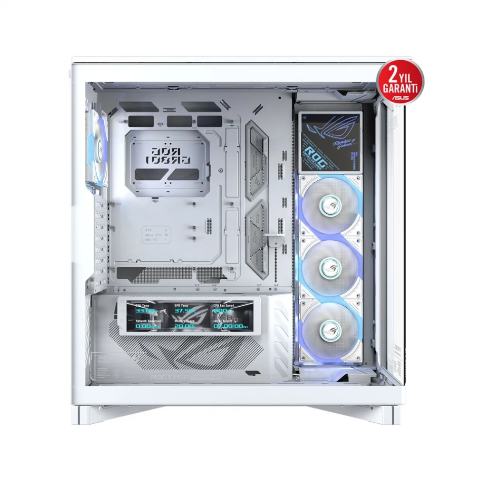 ASUS ROG Cronox ARGB White Edition Panoramik Temperli Cam LCD Ekranlı e-ATX Full-Tower Beyaz Gaming Bilgisayar Kasası