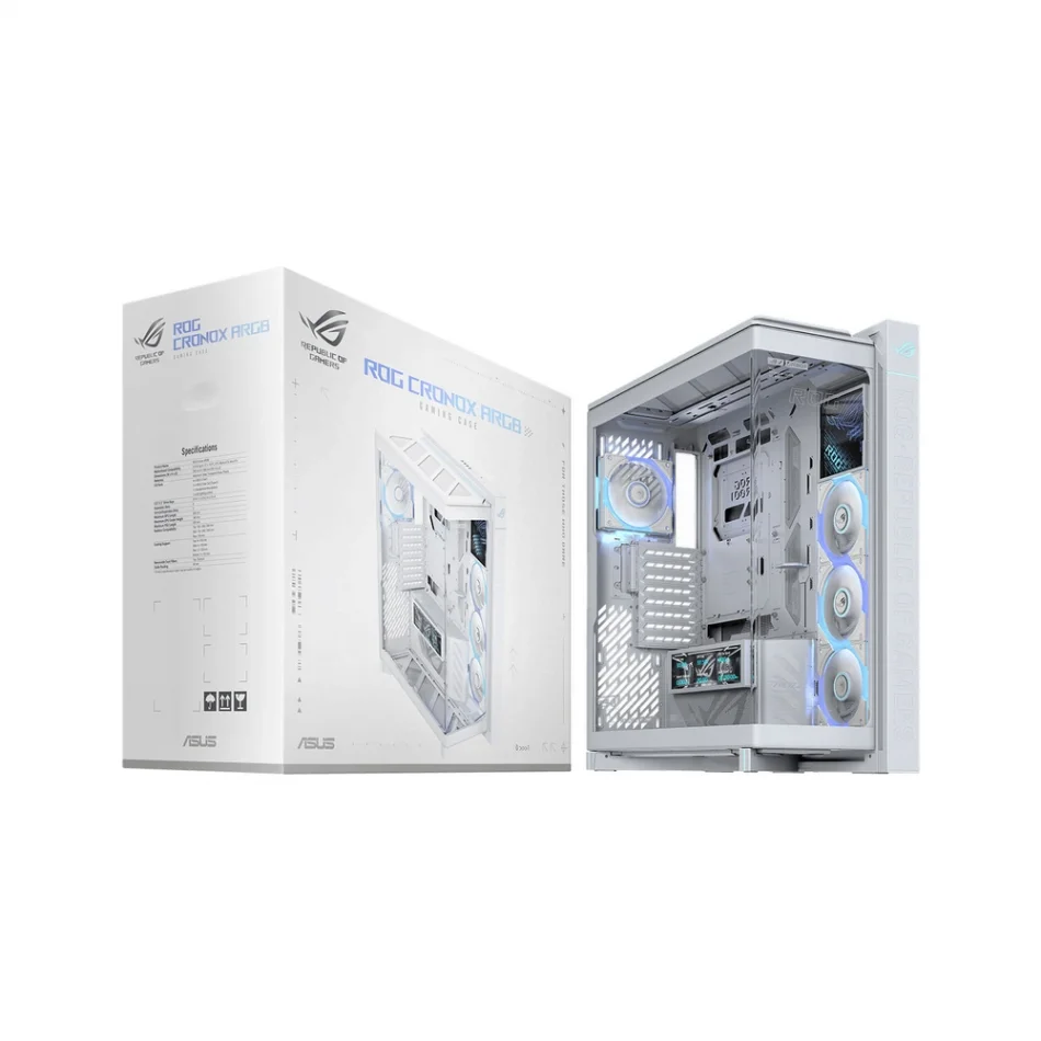 ASUS ROG Cronox ARGB White Edition Panoramik Temperli Cam LCD Ekranlı e-ATX Full-Tower Beyaz Gaming Bilgisayar Kasası