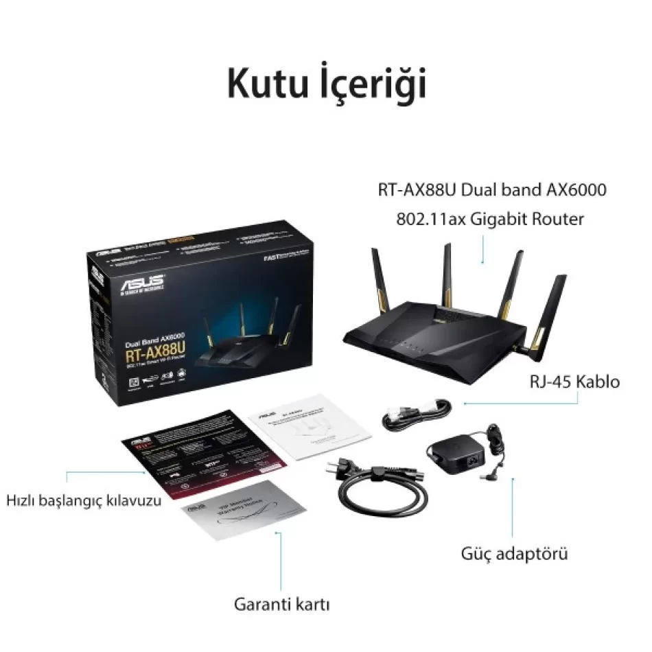 Asus RT-AX88U Wifi6 DualBand Gaming Ai Mesh AiProtection Torrent Bulut Dlna 4G Vpn Router-Access Point