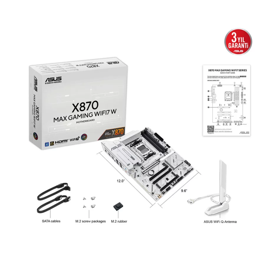 ASUS X870 MAX GAMING WIFI7 W 8000MHz(OC) DDR5 AMD Soket AM5 ATX Beyaz Anakart