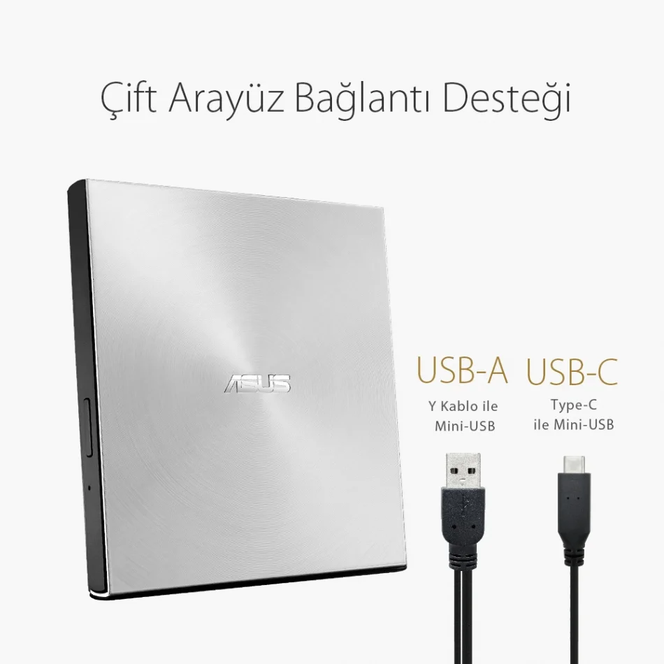 ASUS ZenDrive 08U5S-U Silver Portable Ultra İnce M-DISC Destekli USB Type-C 8x DVD-RW Gümüş Renk Optik Sürücü