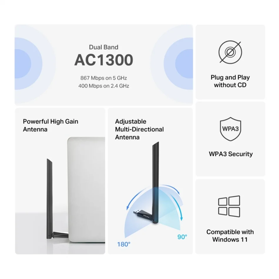 Mercusys MA30H AC1300 High Gain Wireless Dual Band USB Adaptör