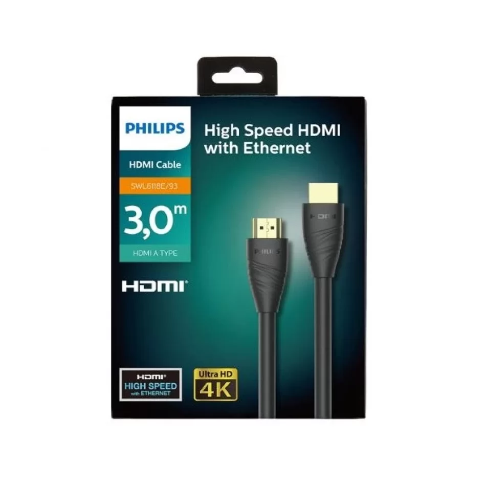 Philips SWL6118E/93 HDMI KABLO 3D Ağ Destekli Altın Uçlu 4K 60Hz 18G Bps Ultra HD HDMI2.0 Görüntü/Ses Kablosu-3m