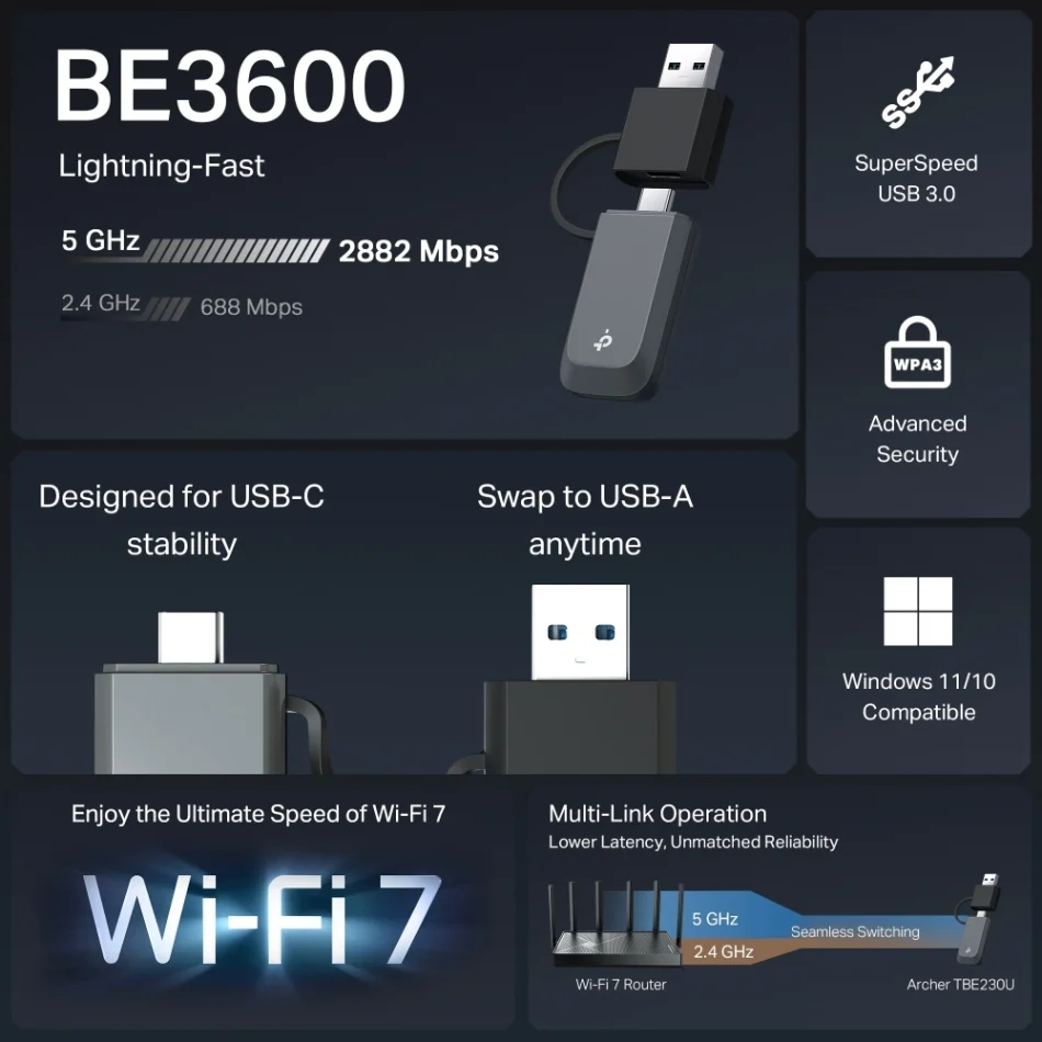 TP-Link Archer TBE230U BE3600 Dual Band Wi-Fi 7 Wireless Mini USB Ağ Adaptörü