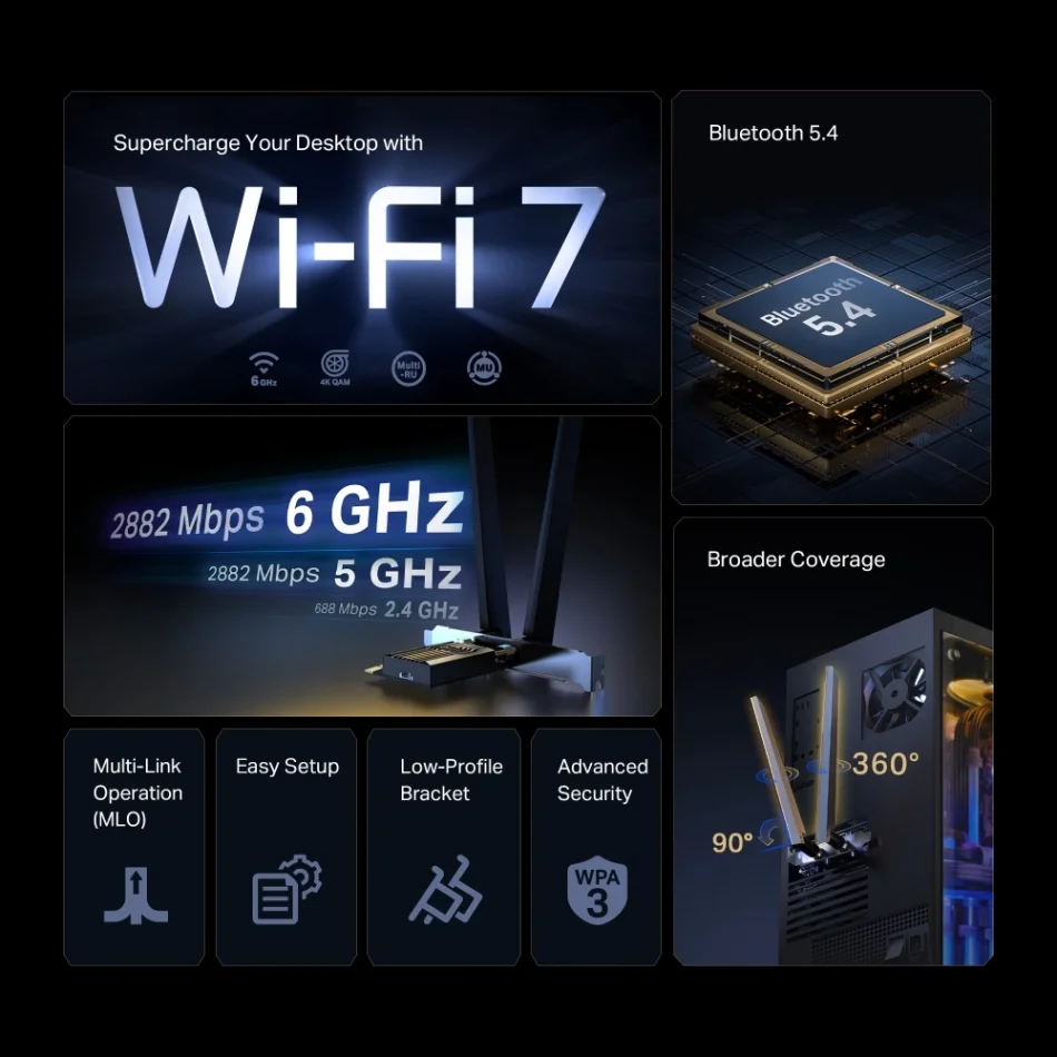TP-Link Archer TBE400E BE6500 Triple Band 6GHz Wi-Fi 7 Bluetooth 5.4 PCIe Ağ Adaptörü