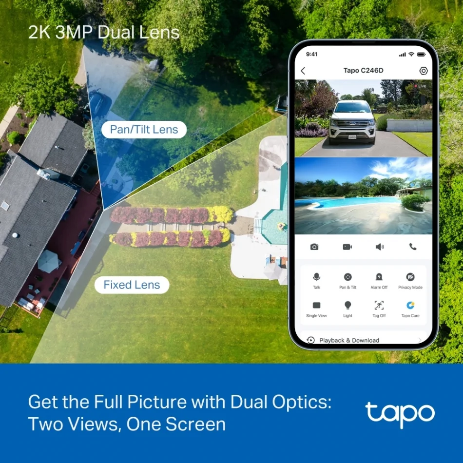 TP-Link Tapo C246D İç Mekan/Dış Mekan Çift Lensli Pan/Tilt 2K 3MP Güvenlik Kamerası