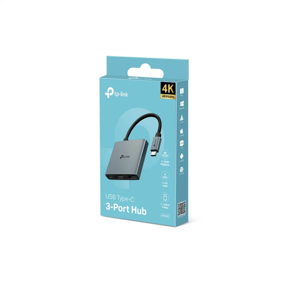 TP-Link UH3020C USB Type-C 100W Hızlı Şarj + 4K 60Hz HDMI + USB 3.0 Type A 3ü 1 Arada Hub