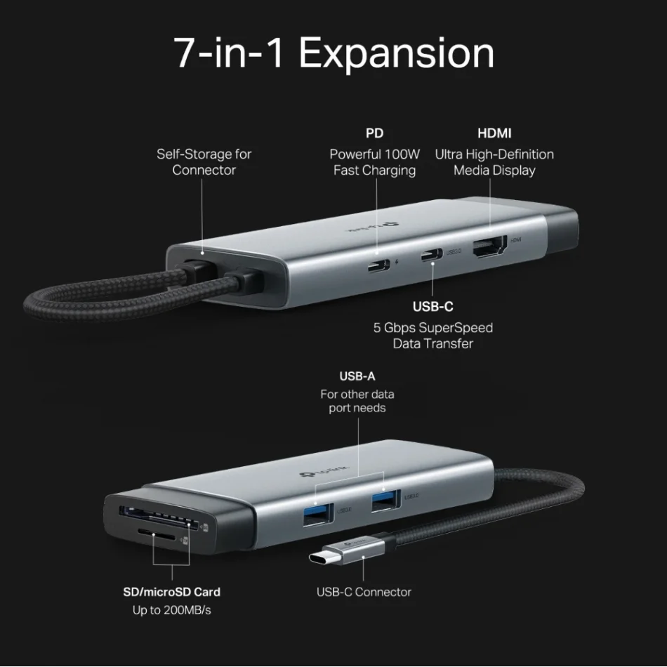 TP-Link UH7020C USB Type-C PD + HDMI + USB 3.0x2 7si 1 Arada USB Hub