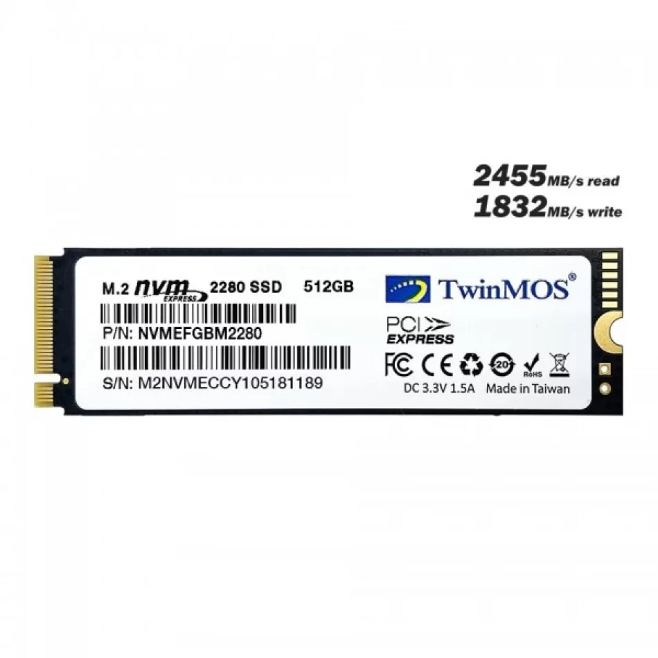 TwinMOS 512GB M.2 PCIe NVMe SSD (2455Mb-1832Mb/s) 3DNAND