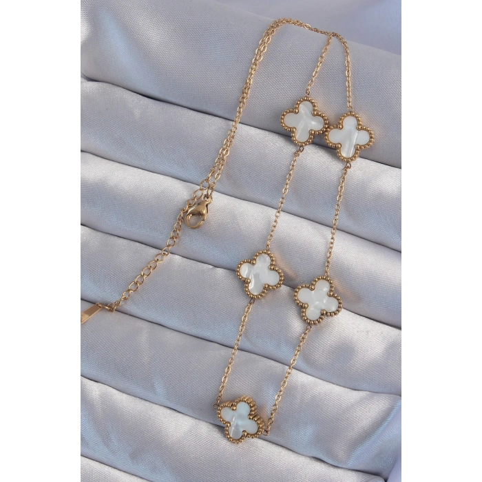 316L Çelik Gold Renk Beyaz Sedefli Yonca Kolye