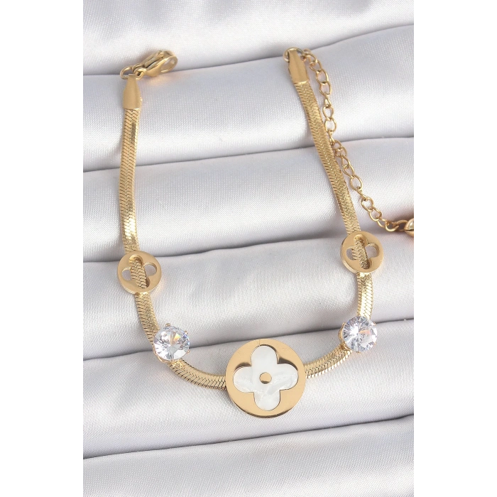 316L Çelik Gold Renk İtalyan Zincir Beyaz Mineli Yonca Model Zirkon Taş Detaylı Kadın Bileklik