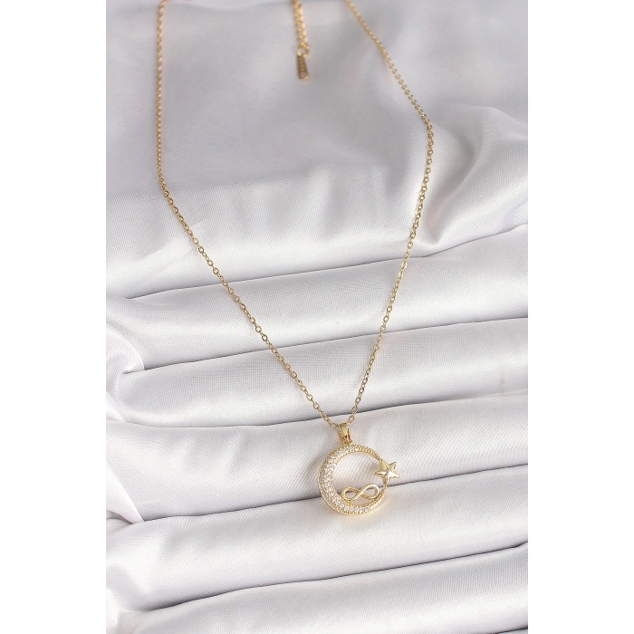 316L Çelik Gold Renk Zincir Zirkon Taşlı Ay Yıldız Model Sonsuzluk Detay Kadın Kolye