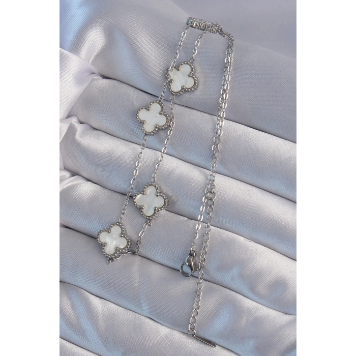 316L Çelik Gümüş Renk Beyaz Sedefli Yonca Kolye