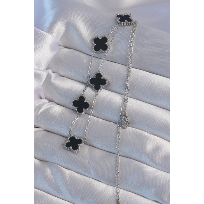 316L Çelik Gümüş Renk Siyah Mineli Yonca Kolye