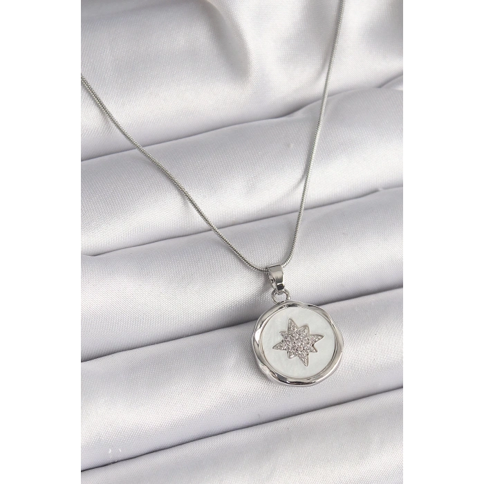 316L Çelik Gümüş Renk Zincir Beyaz Sedefli Zirkon Taşlı Yıldız İşleme Model Kadın Kolye