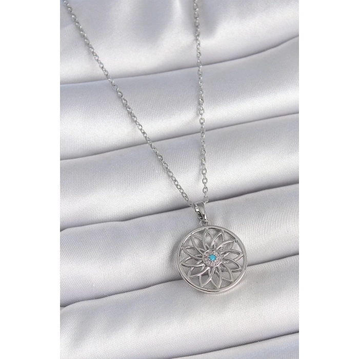 316L Çelik Gümüş Renk Zincir Mavi Taşlı Lotus Model Kadın Kolye