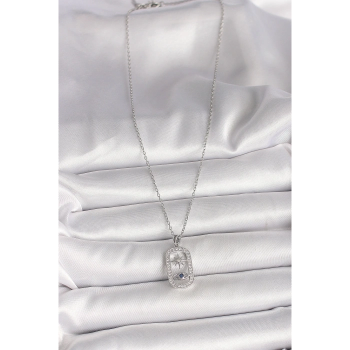 316L Çelik Gümüş Renk Zincir Zirkon Taşlı Göz Yıldız Model Kadın Kolye