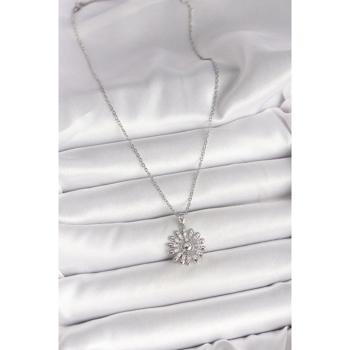 316L Çelik Gümüş Renk Zincir Zirkon Taşlı Güneş Model Kadın Kolye