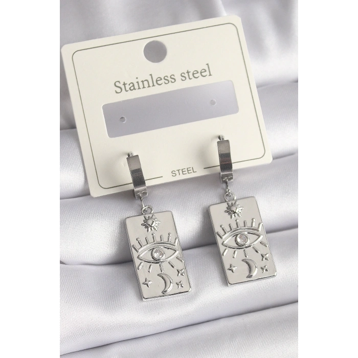 316L Çelik Gümüş Renk Zirkon Taşlı Göz İşleme Detaylı Plaka Model Kadın Küpe