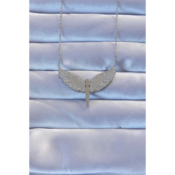 316L Çelik Gümüş Renk Zirkon Taşlı Mikail Kolye