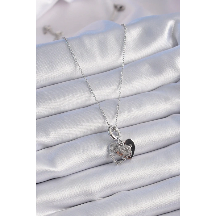 316L Çelik Gümüş Renk Zirkon Taşlı Sonsuzluk Kalp Figür Charm Model Kadın Kolye