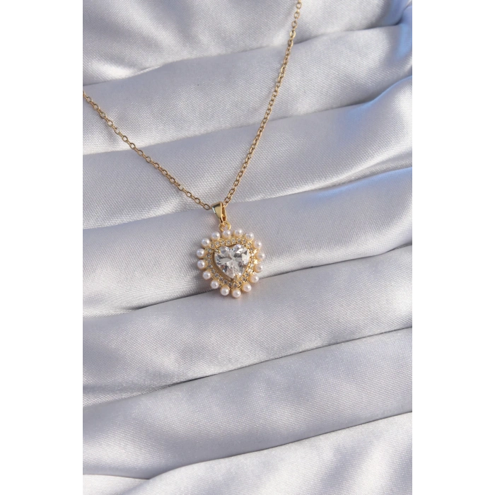 316L Çelik Zincir Gold Renk İncili Zirkon Taşlı Kalp Tasarımlı Kolye