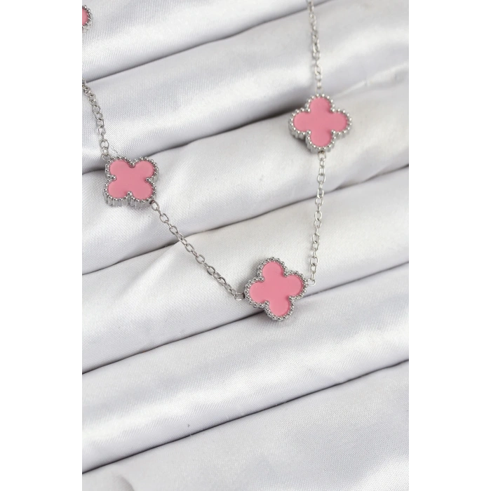316L Çelik Zincir Gümüş Pembe Renk Yonca Kadın Kolye