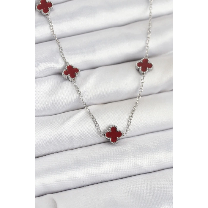 316L Çelik Zincir Gümüş Renk Bordo Baby Boy Yonca Kadın Kolye