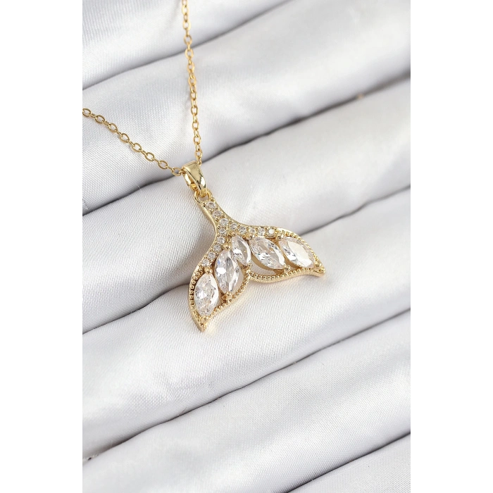 316L Çelik Zirkon Taşlı Balık Kuyruğu Model Gold Renk Kadın Kolye