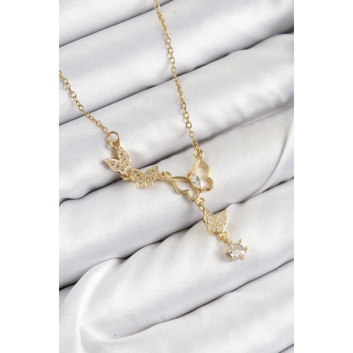 316L Çelik Zirkon Taşlı Kelebek Model Gold Renk Kadın Kolye