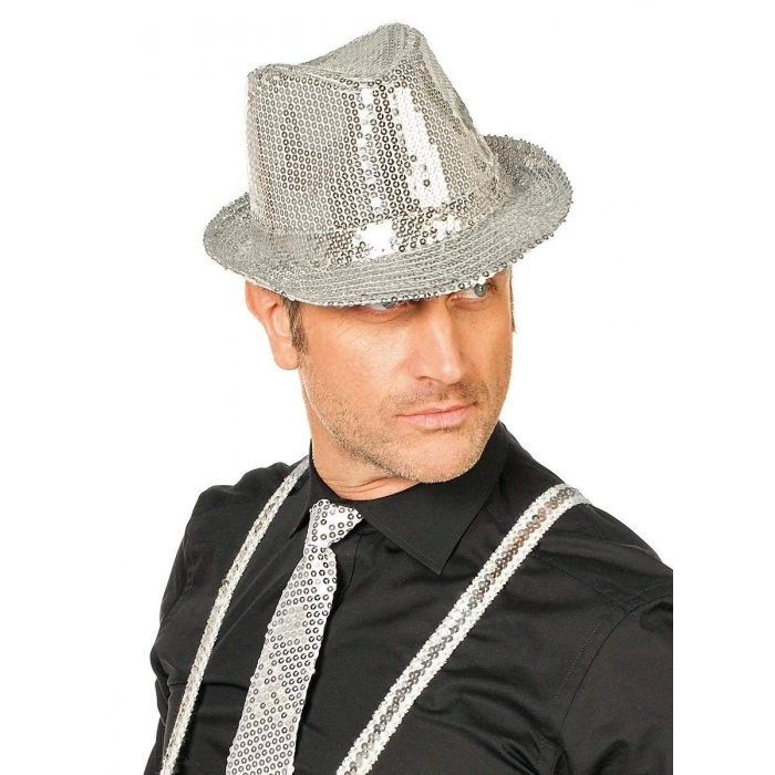 Disko  Gümüş Payetli Fötr Şapka Yetişkin Boy