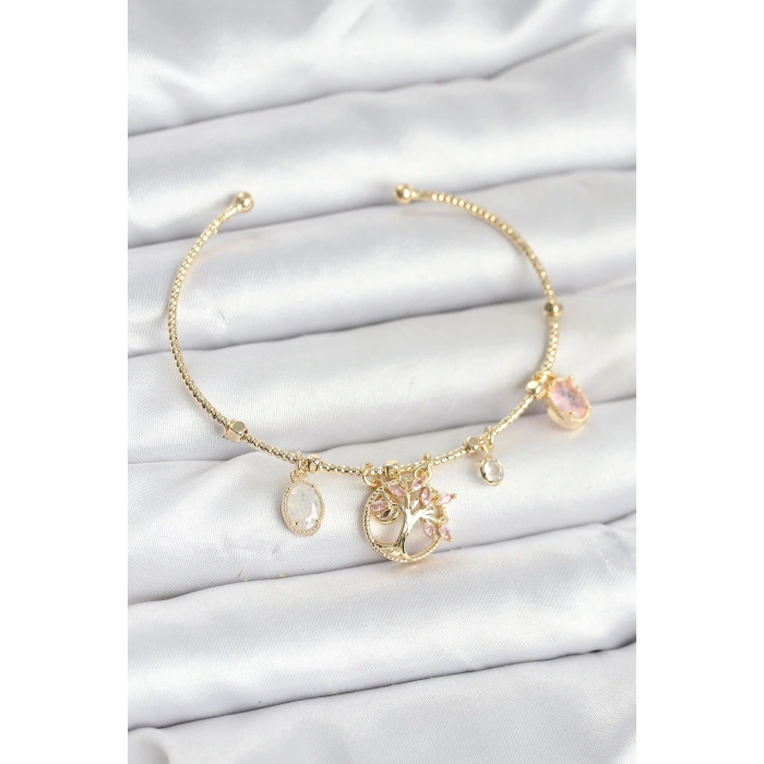 Hayat Ağacı Charmlı Gold Renk Pirinç Kadın Bileklik