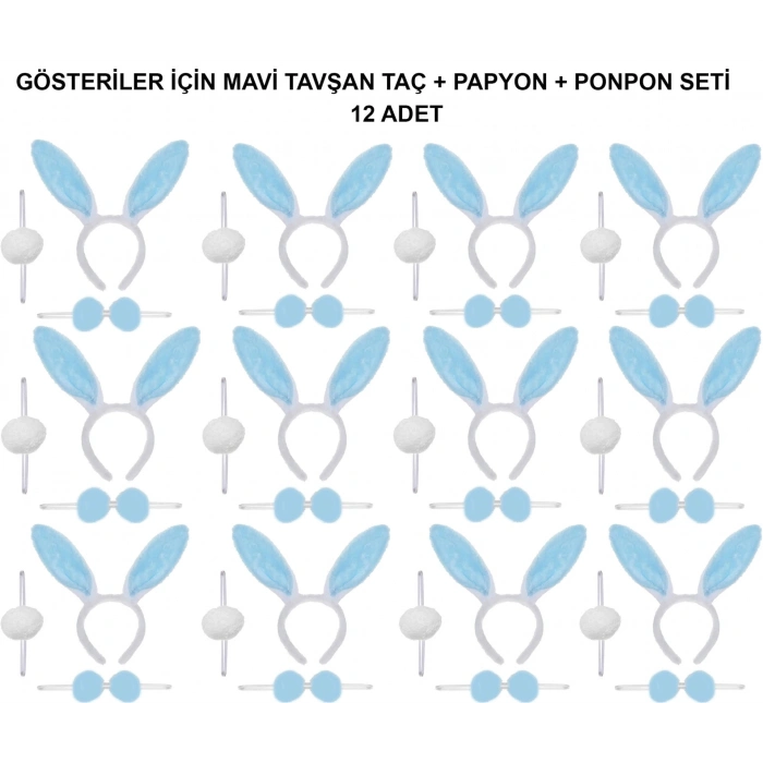 Mavi Tavşan Kostüm Seti – Taç, Papyon, Ponpon (12’li Paket)