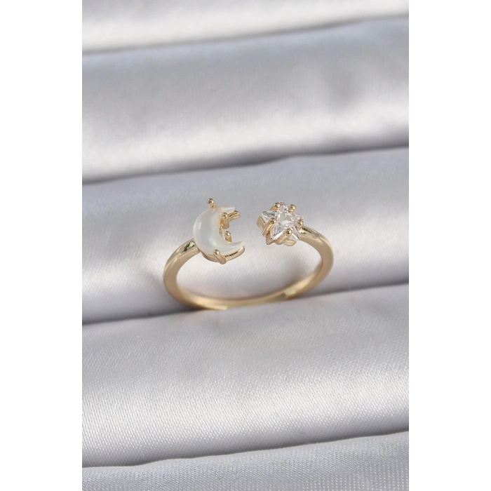 Pirinç Gold Renk İncili Hilal Zirkon Taşlı Yıldız Ayarlanabilir Model Kadın Yüzük