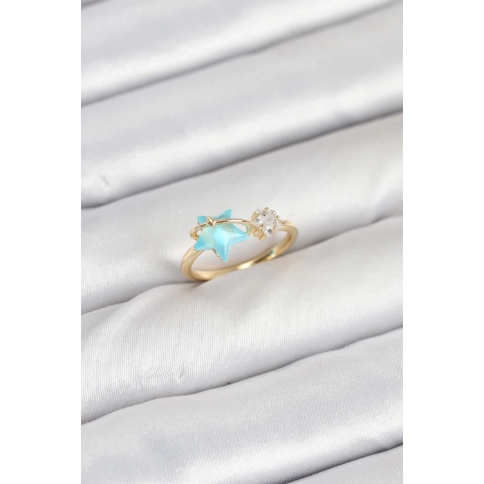 Pirinç Gold Renk Mavi Yıldızlı Model Kadın Yüzük
