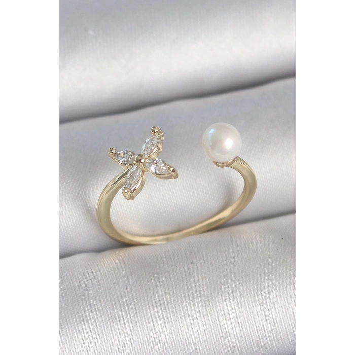 Pirinç Gold Renk Zirkon Taşlı Çiçek Model İnci Detay Ayarlanabilir Kadın Yüzük