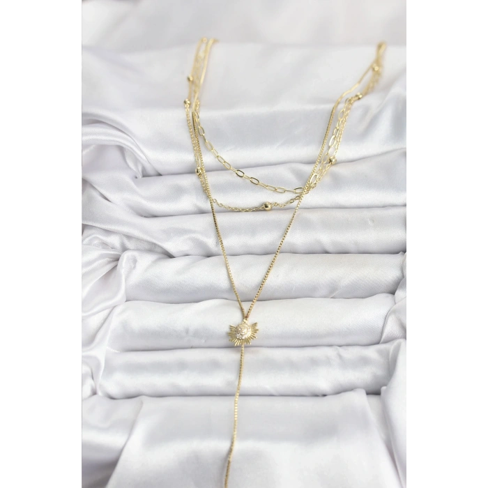Pirinç Gold Renk Zirkon Taşlı Güneş Model Detaylı 3lü Kombin Y Kadın Kolye