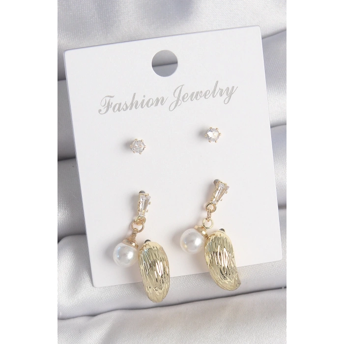 Pirinç Gold Renk Zirkon Taşlı İncili Sallantılı İşlemeli Damla Model 3 Çift Kadın Küpe Seti