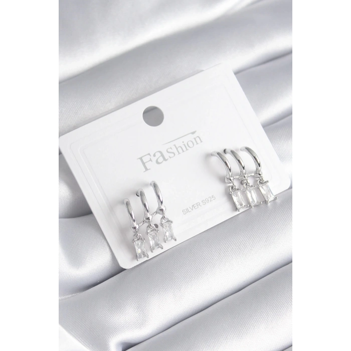 Pirinç Gümüş Renk 3lü Sallantı Zirkon Taşlı Küpe