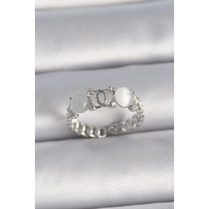 Pirinç Gümüş Renk Ayarlanabilir Zirkon Taşlı Beyaz Mineli Birleşik Halka Model Kadın Yüzük