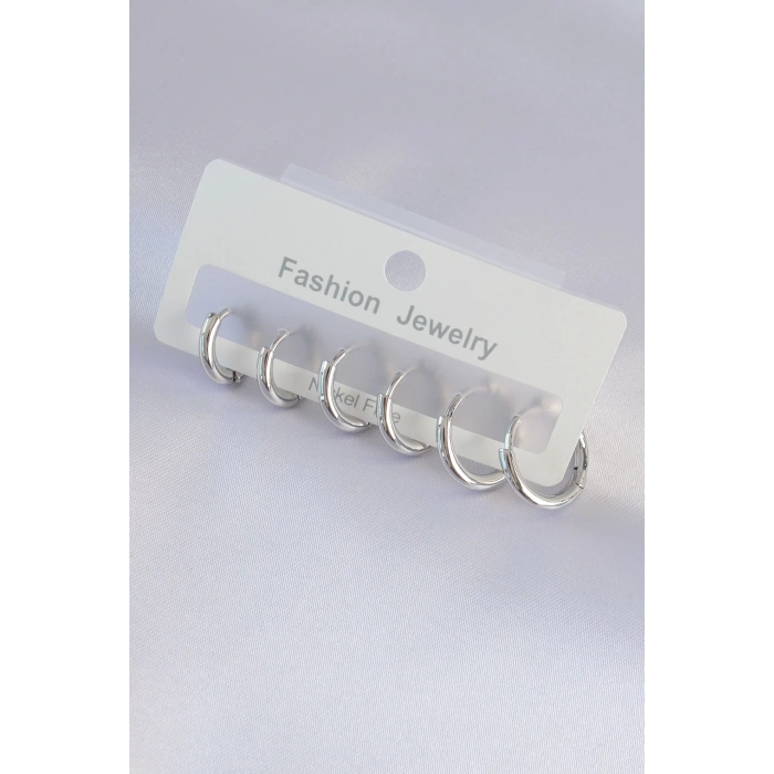 Pirinç Gümüş Renk Oval Küpe Seti