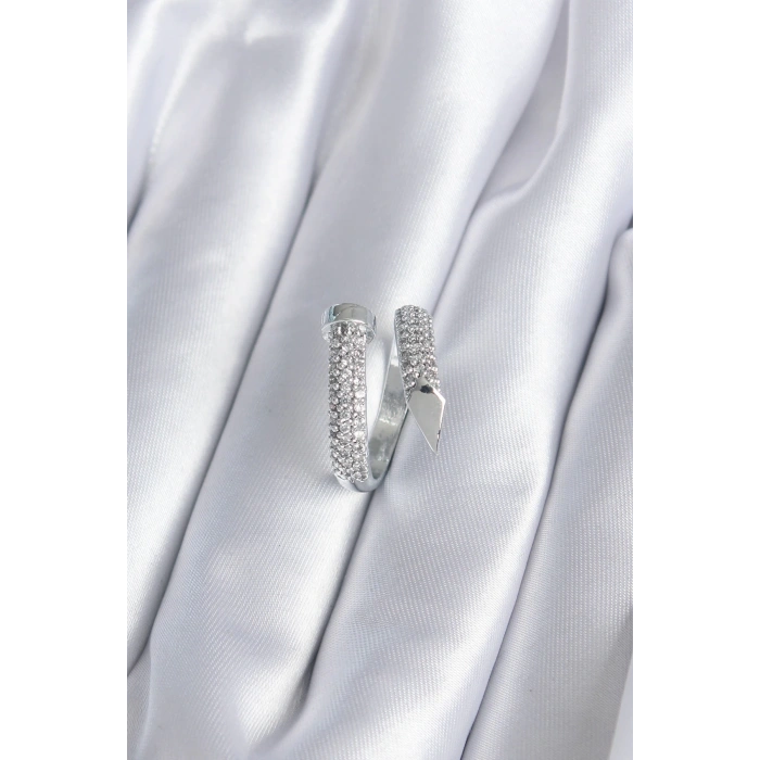 Pirinç Gümüş Renk Zirkon Taşlı Çivi Model Kadın Yüzük