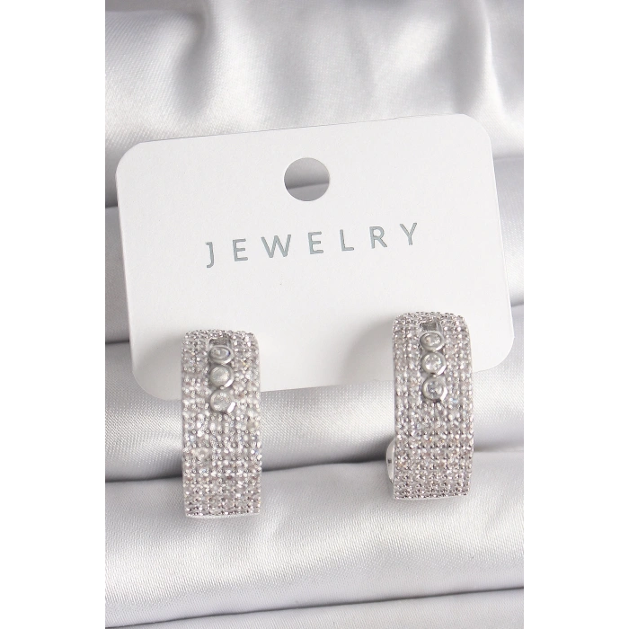 Pirinç Gümüş Renk Zirkon Taşlı Halka Messika Model Kadın Küpe