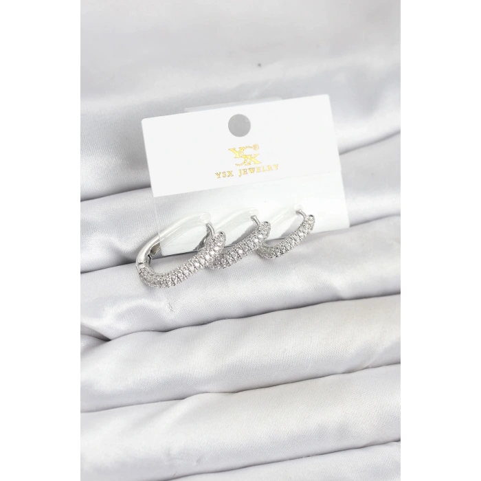 Pirinç Gümüş Renk Zirkon Taşlı Halka Model YSX Trio Küpe Seti