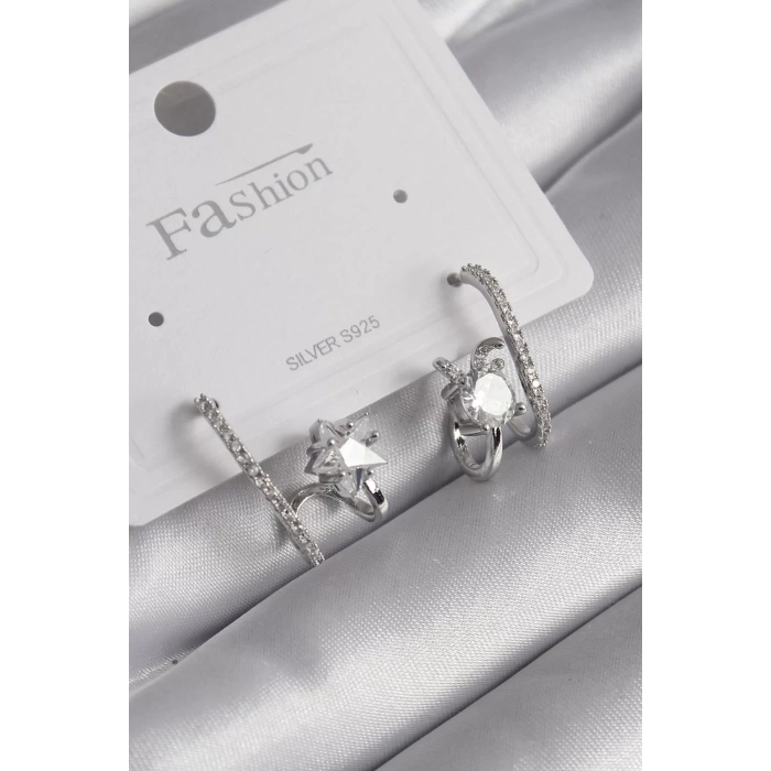 Pirinç Gümüş Renk Zirkon Taşlı Kadın Küpe